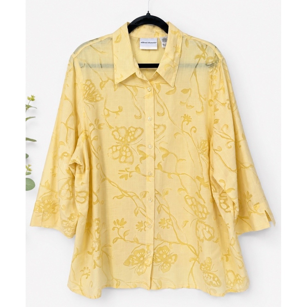 Alfred Dunner Women Button Up Shirt 20W Yellow Floral Collared 3/4 Sleeve  0345